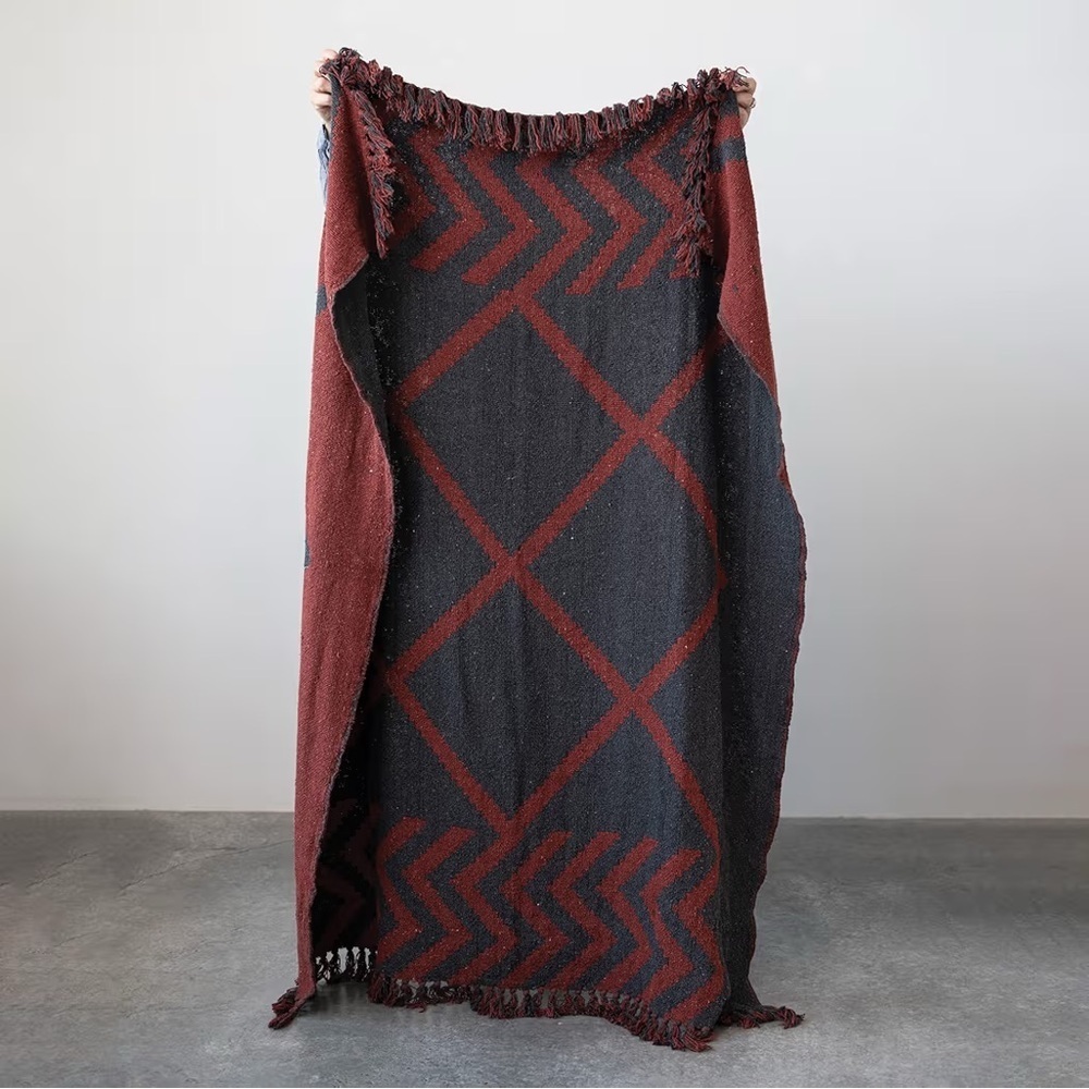 Creative Co-Op Recycled Cotton Blend Throw Blanket Geometric Fringe, Multicolor